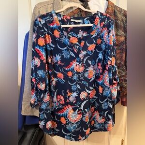 Daniel Rainn Navy Floral V-Neck Blouse with Red & Light Blue Print